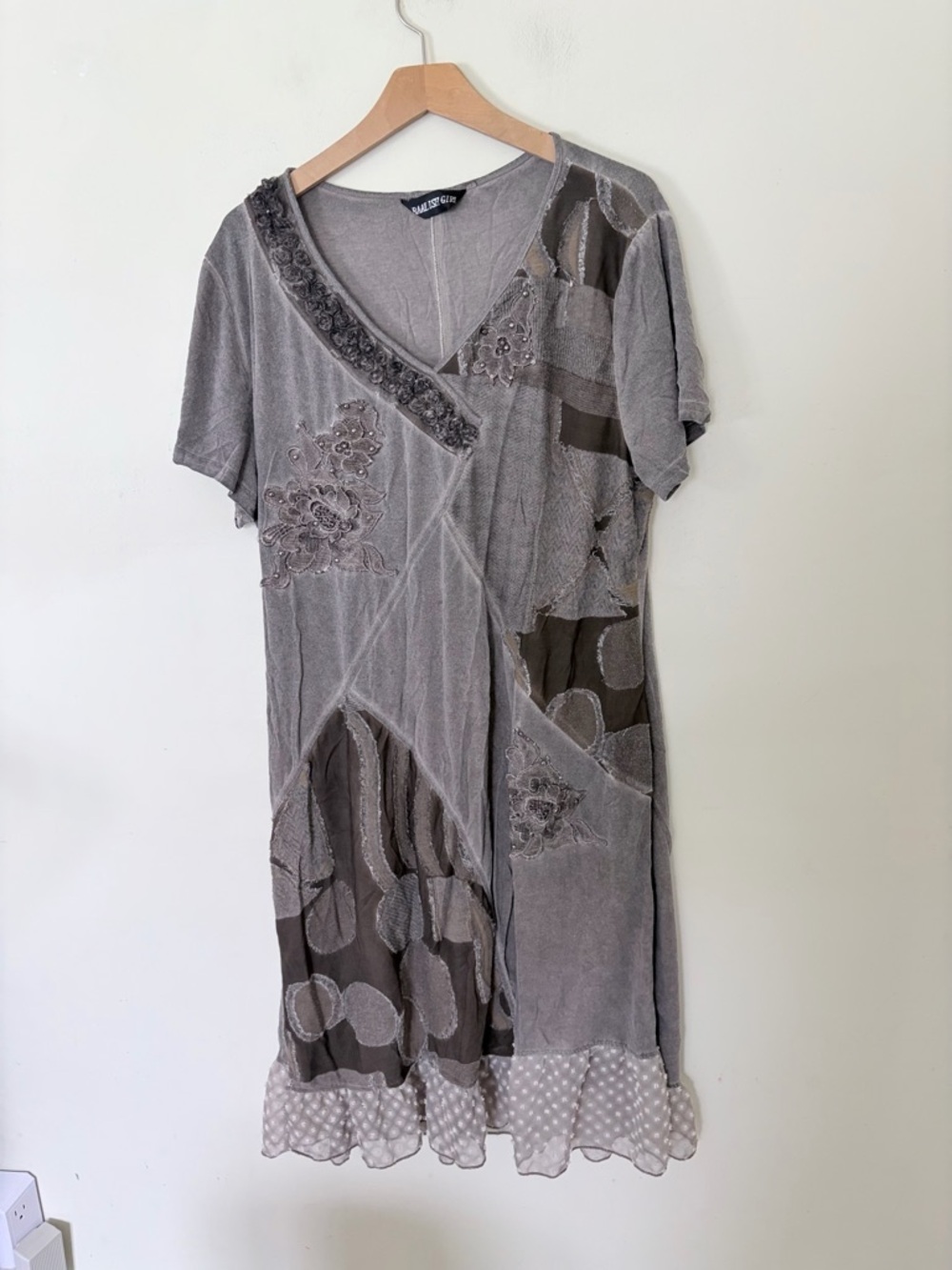 Vintage Y2K patchwork embroidered floral t shirt dress ruffle